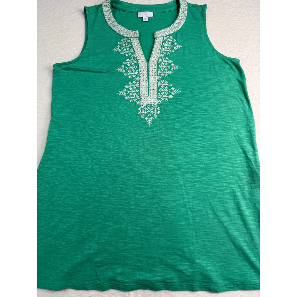 J. Jill Green Embroidered Split Neck Sleeveless Slub Knit Tunic Top Womens M